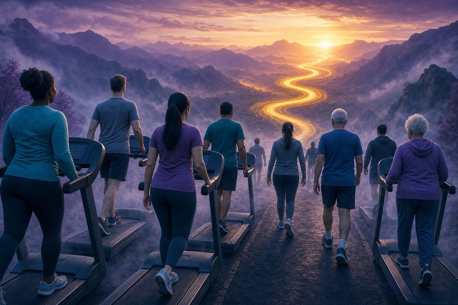 People marching in place while a golden path stretches forward