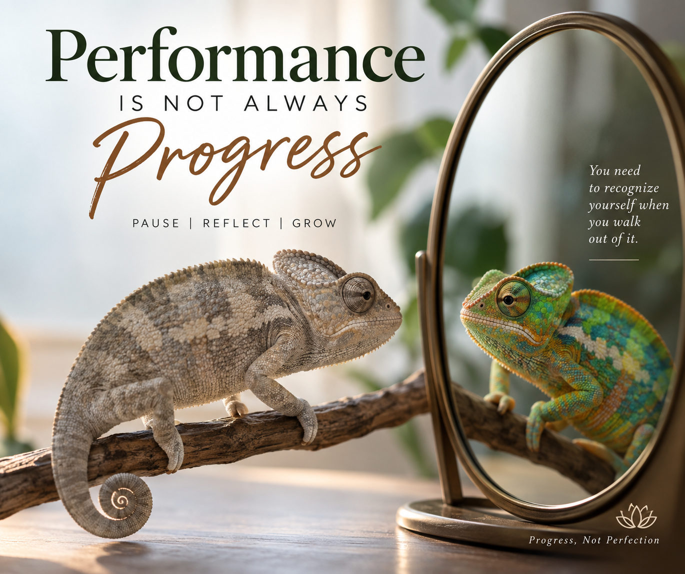 Chameleon looking into a mirror with the message Performance Is Not Always Progress, representing the difference between adapting to expectations and authentic personal progress.