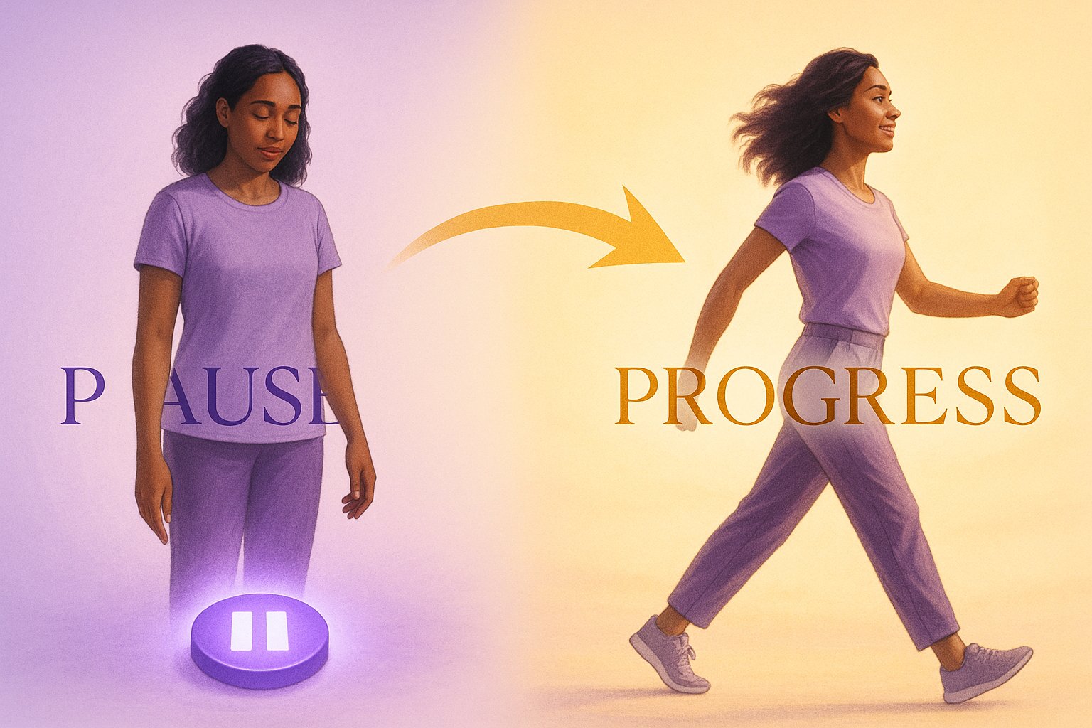 From Pause to Progress - A woman pausing with a pause button, then an arrow to the same woman walking forward with confidence and progress