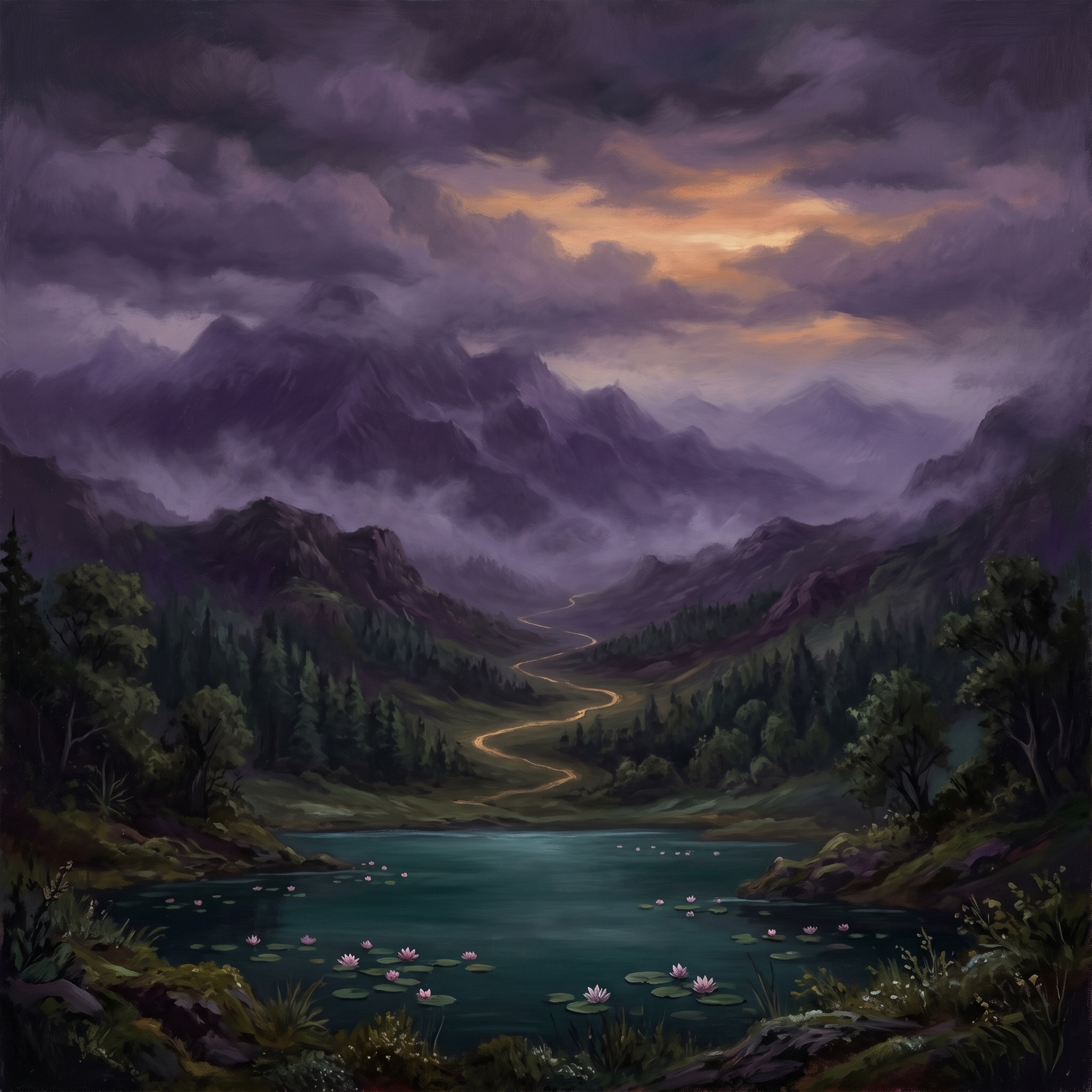 Serene landscape with purple mountains and golden path