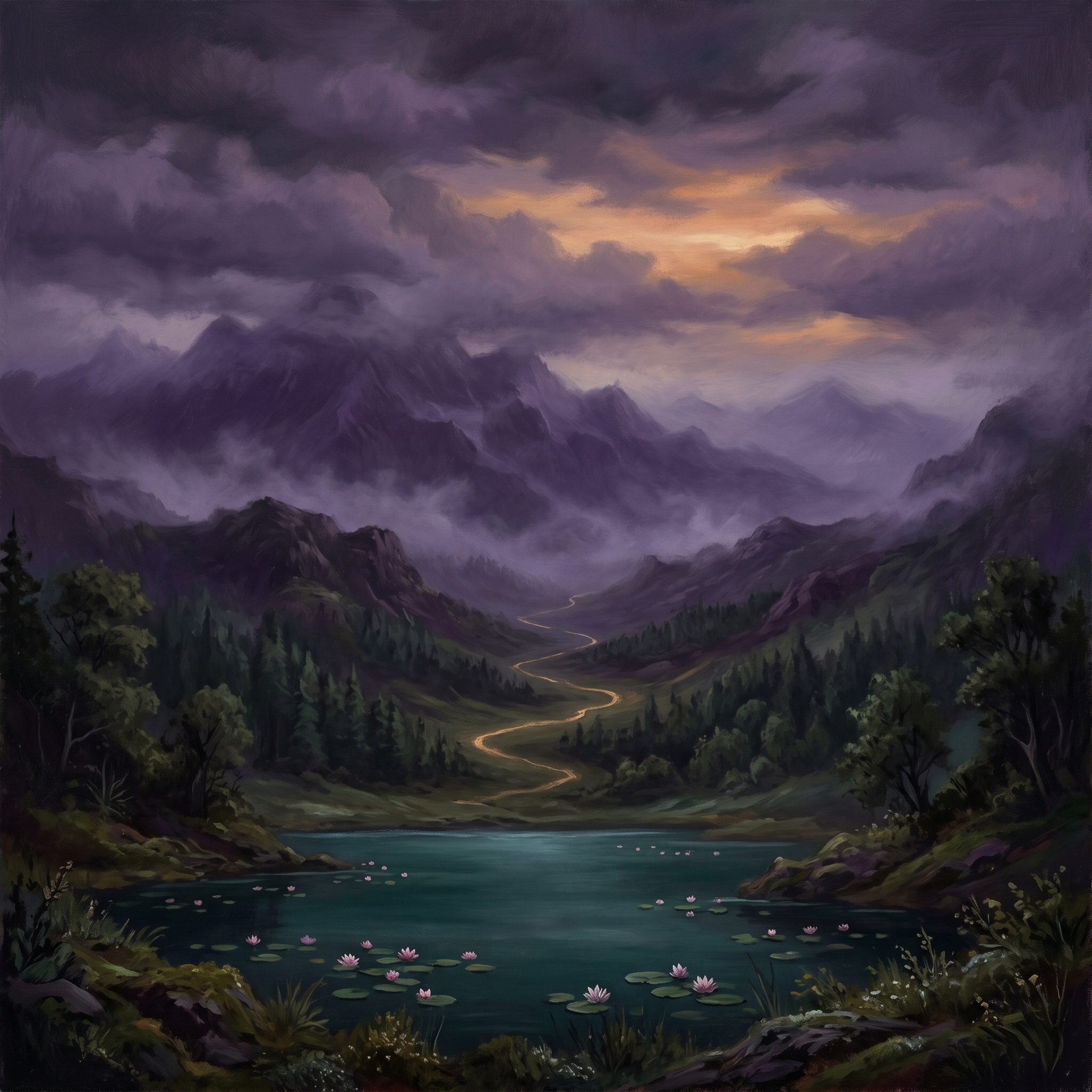 Serene landscape with purple mountains and golden path