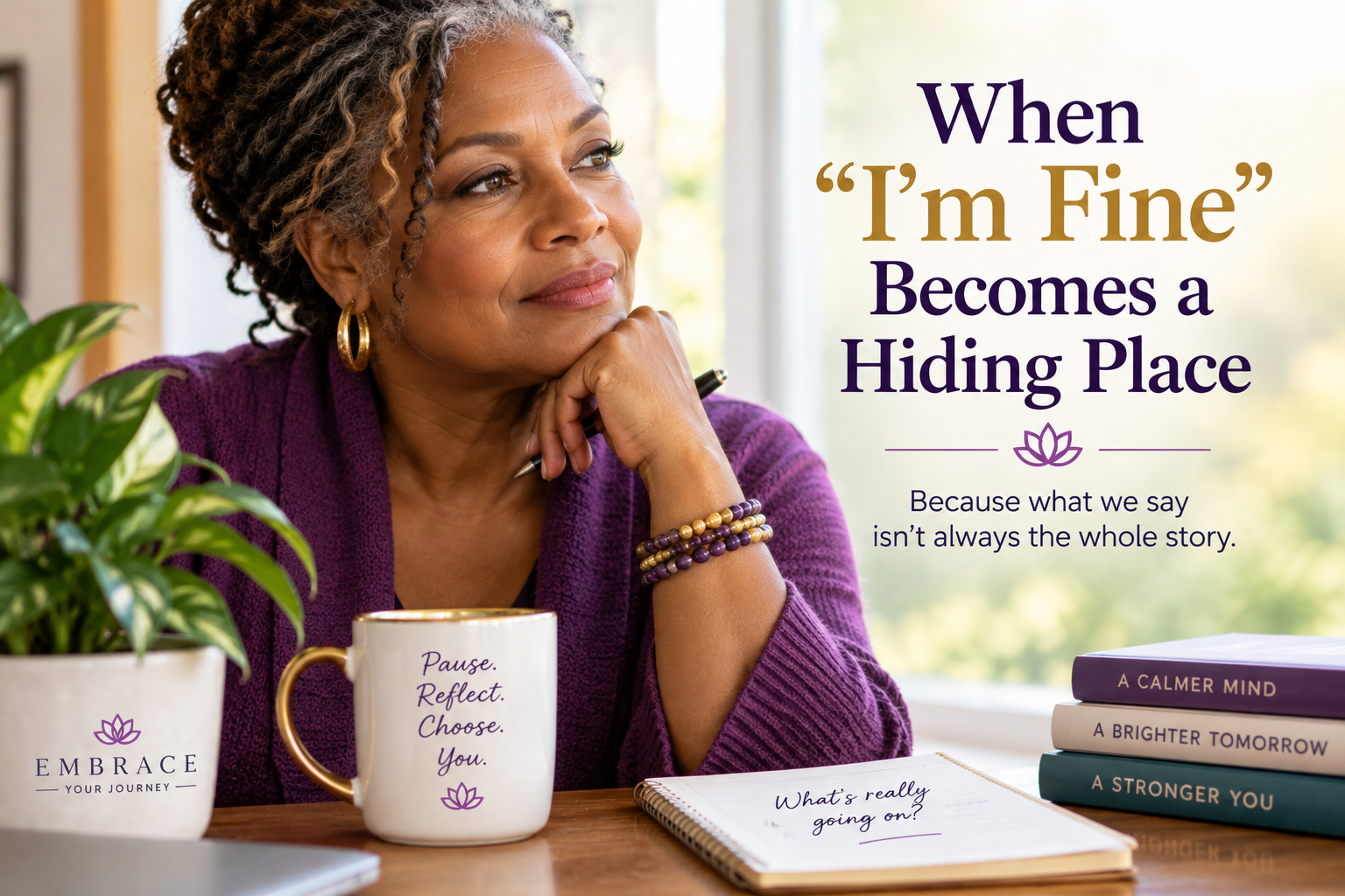 A thoughtful Black woman in purple beside the title When “I’m Fine” Becomes a Hiding Place and the words Because what we say isn’t always the whole story.