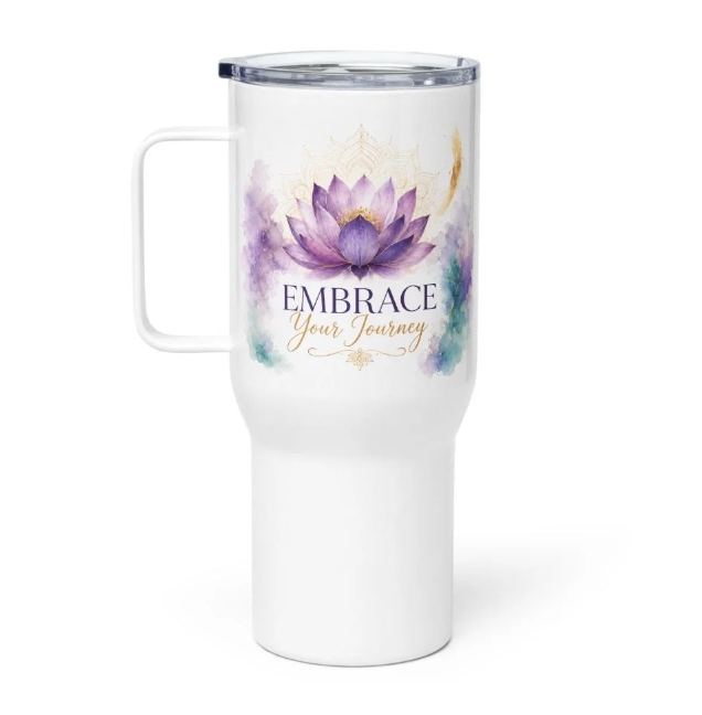 Journey on the Go Mug — EMBRACE lotus bloom watercolor design