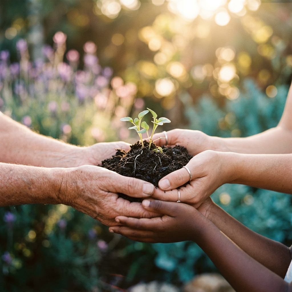 Hands holding a small green seedling — symbolizing growth and new beginnings