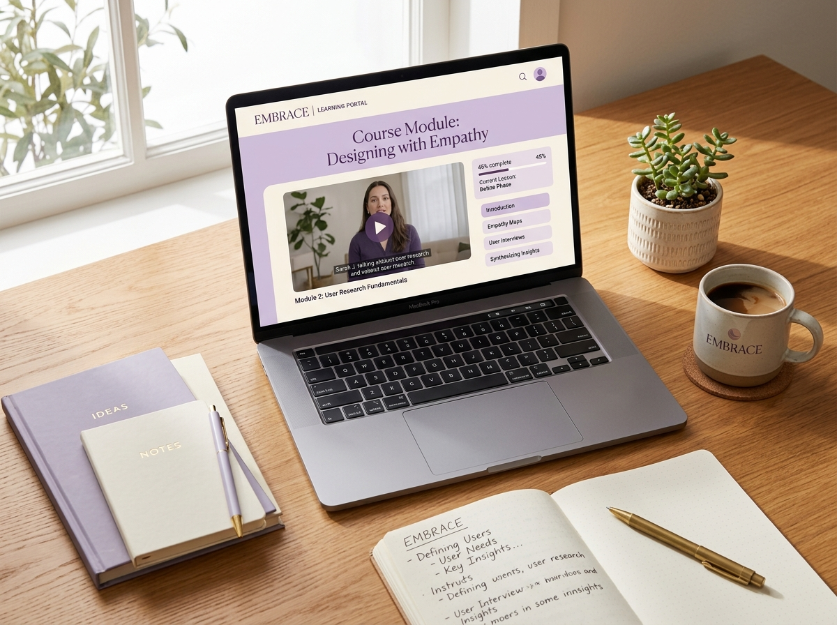 Laptop displaying EMBRACE Learning Portal with course notebooks