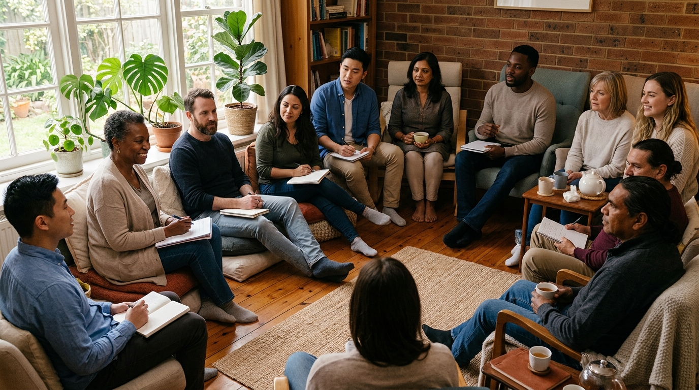Diverse group sitting in a circle, warm setting